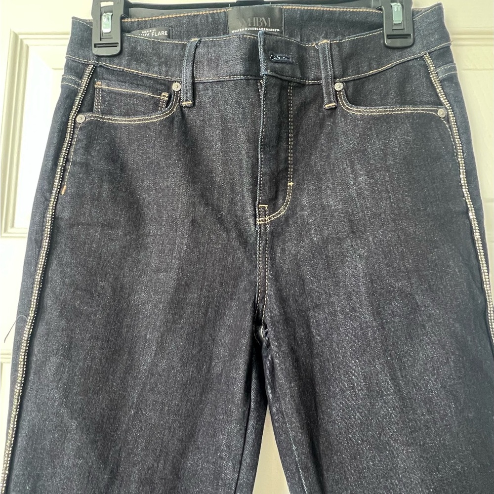 White House Black Market High-Rise skinny flare Jeans w/Rhinestone pinstripes - Picture 6 of 16